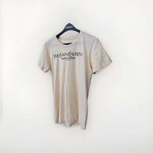YSL Saint Laurent Size S Logo Print T-shirt Beige Short Sleeve 100% Cotton